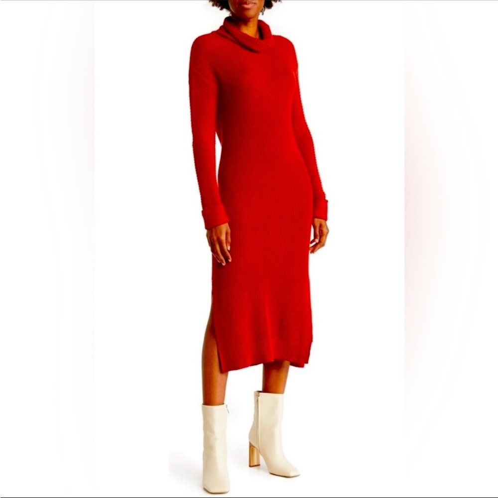 Nordstrom STITCHDROP Red Turtleneck Rib Knit High Slit Sweater Dress Size m